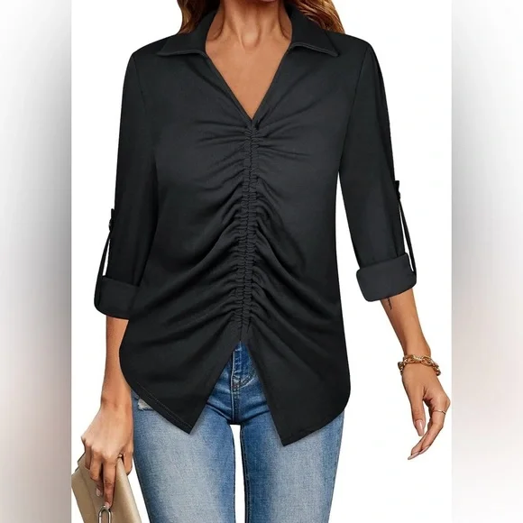 NWT Stylish Ruched Roll Sleeve Tunic - Picture 2 of 13